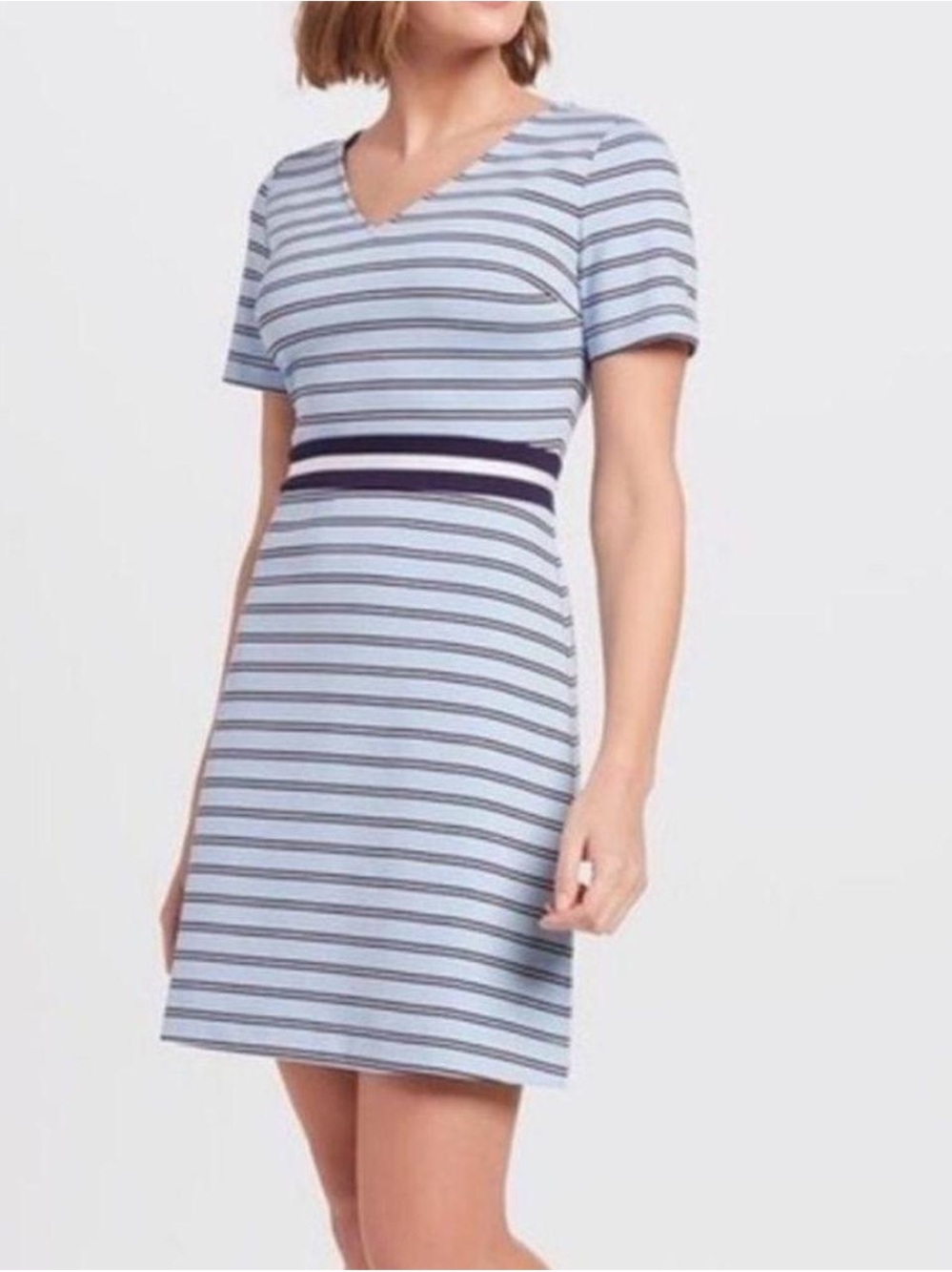 Draper James Light Blue and Navy Striped V-Neck Short Sleeve Dress
